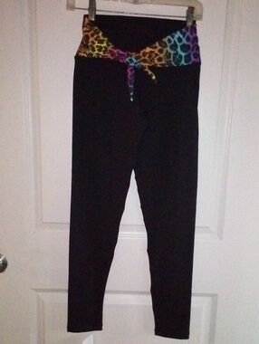 High Waist Black Leggings with Rainbow Leopard Tie Waist